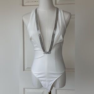 Zara Brand Fitted Bodysuit‎ with Rhinestones White Size XS